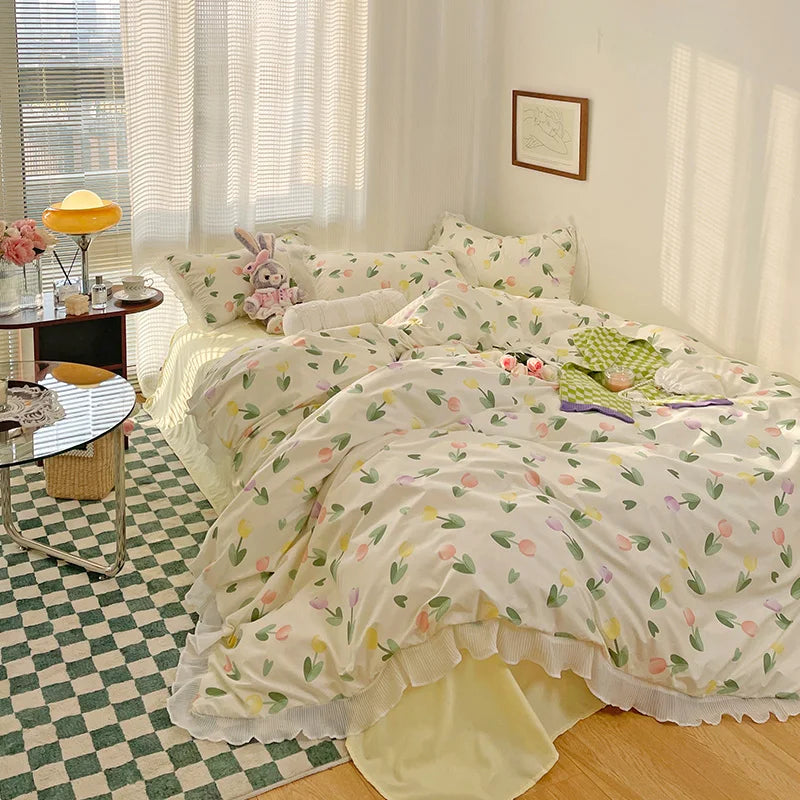 Rynx | Floral Style 100% Cotton Printed Soft Bed Linen Set Duvet Bedware Duvet Pillowcase Flat Sheet Comforter Set for Girls