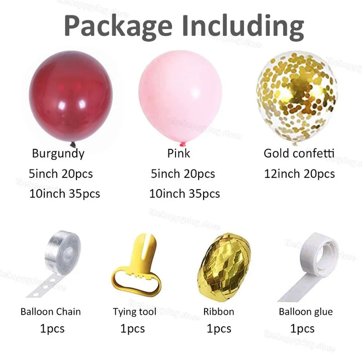 Rynx | 134 Piece Burgundy Pink Balloons Arch Garland Set Gold Confetti Balloons Valentine's Day Decoration New Year's Decoration