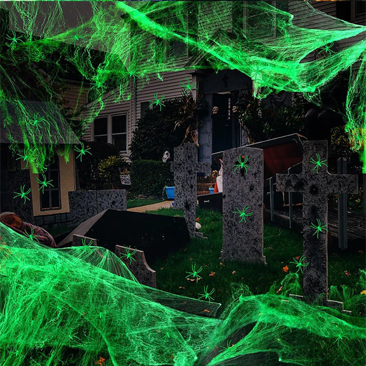 Rynx | Glowing Spider Web, stretchable artificial spider web with artificial spiders, Halloween decorations, outdoor horror haunted house decoration props