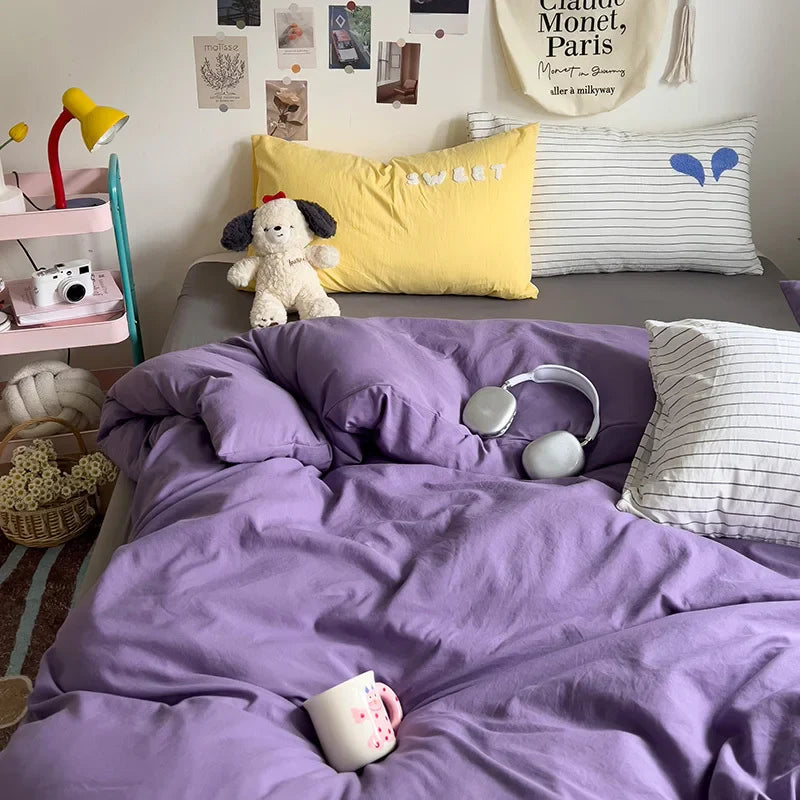 Rynx | INS Purple Bedding Set Girls Soft Washed Cotton Embroidered Sheet Set Queen King Size Duvet Cover Set with Pillowcases
