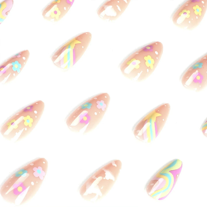 Rynx | 24 pcs. Cute Colorful Artificial Nail Tips for Girls Rainbow Cloud Star Printed Almond Artificial Nails Full Cover Reusable Adhesive Artificial Nails