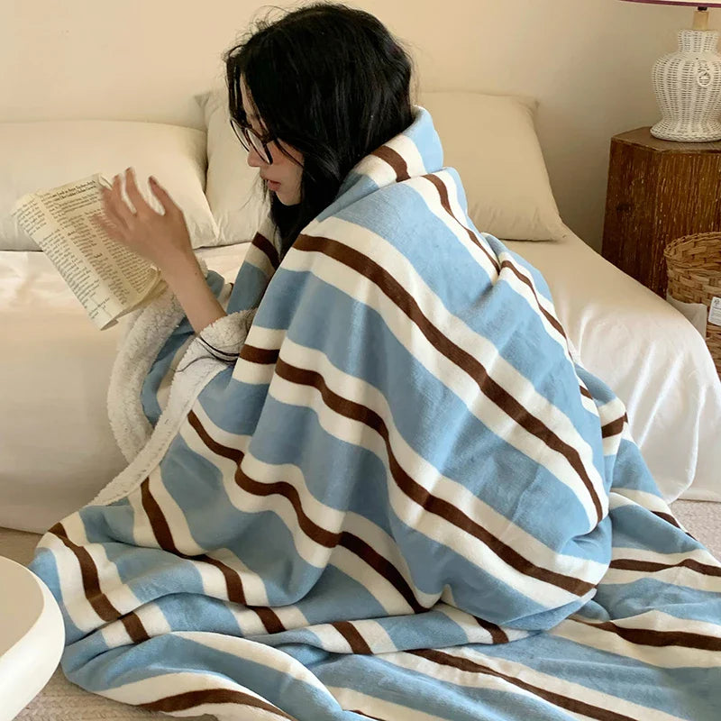 Rynx | Ins Style Blanket 2024 New Skin-Friendly Lamb Fleece Blanket Striped Series For Bedroom Sofa Office