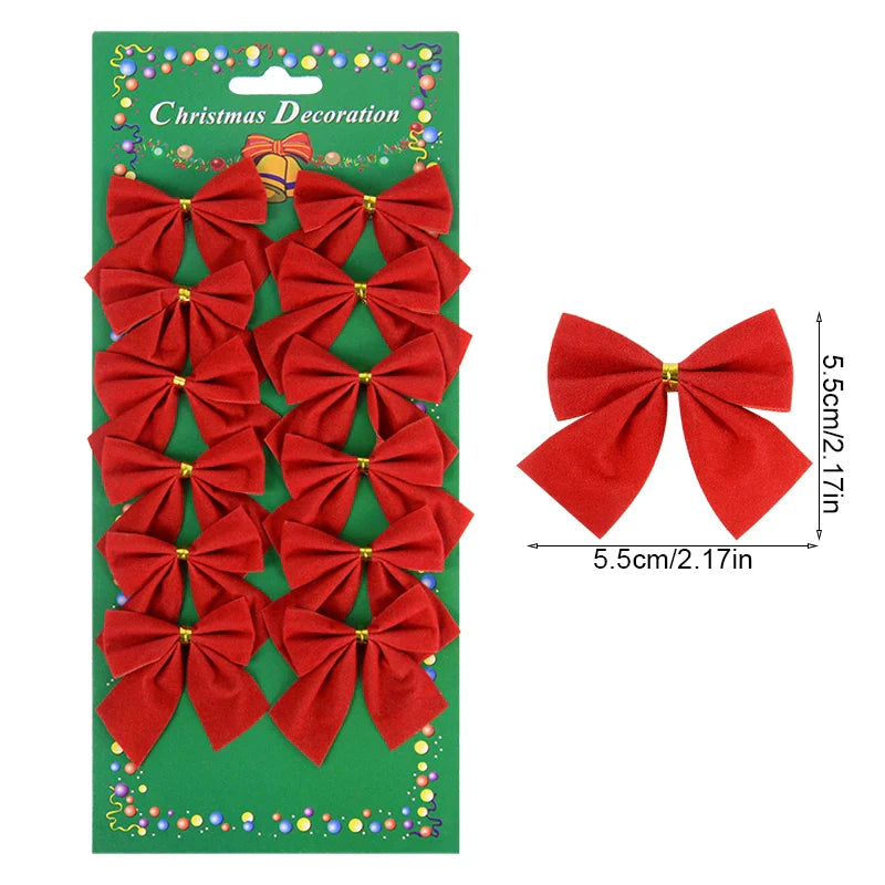 Rynx 12/24pcs Christmas Bow Red Gold Mini Christmas Tree Ribbons Charms Ornaments for Christmas Decoration New Year Party DIY Gifts