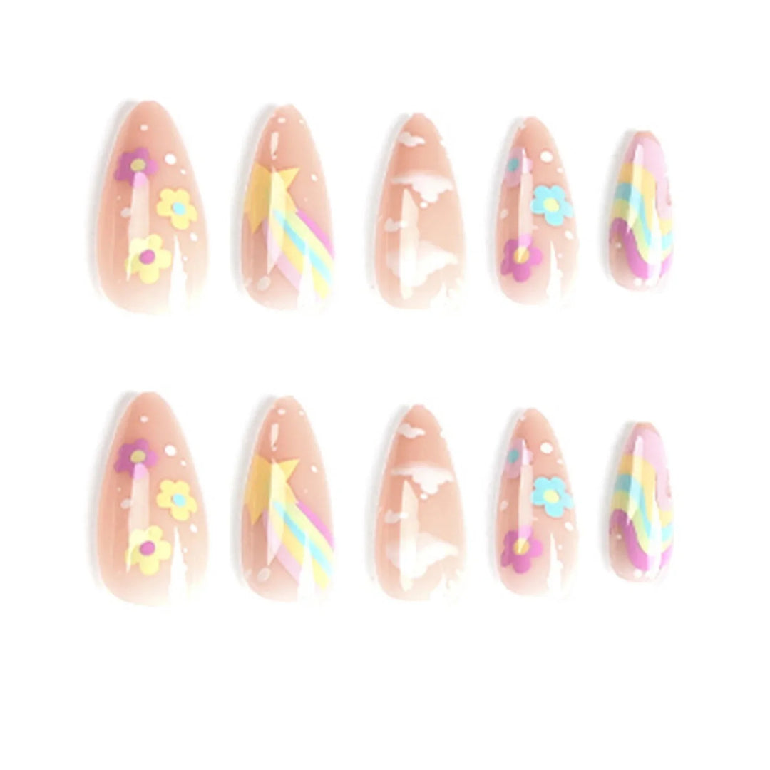 Rynx | 24 pcs. Cute Colorful Artificial Nail Tips for Girls Rainbow Cloud Star Printed Almond Artificial Nails Full Cover Reusable Adhesive Artificial Nails