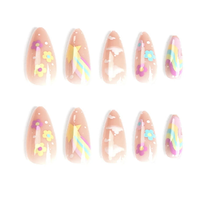 Rynx | 24 pcs. Cute Colorful Artificial Nail Tips for Girls Rainbow Cloud Star Printed Almond Artificial Nails Full Cover Reusable Adhesive Artificial Nails