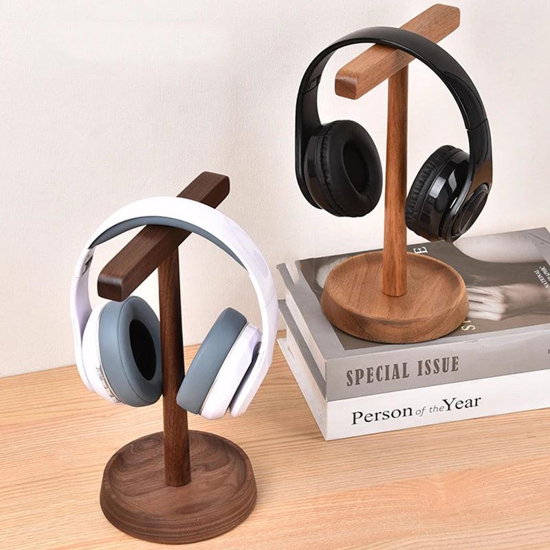 Lisslune | Elegant dual headphone stand made of black walnut and acacia wood with elegant storage base