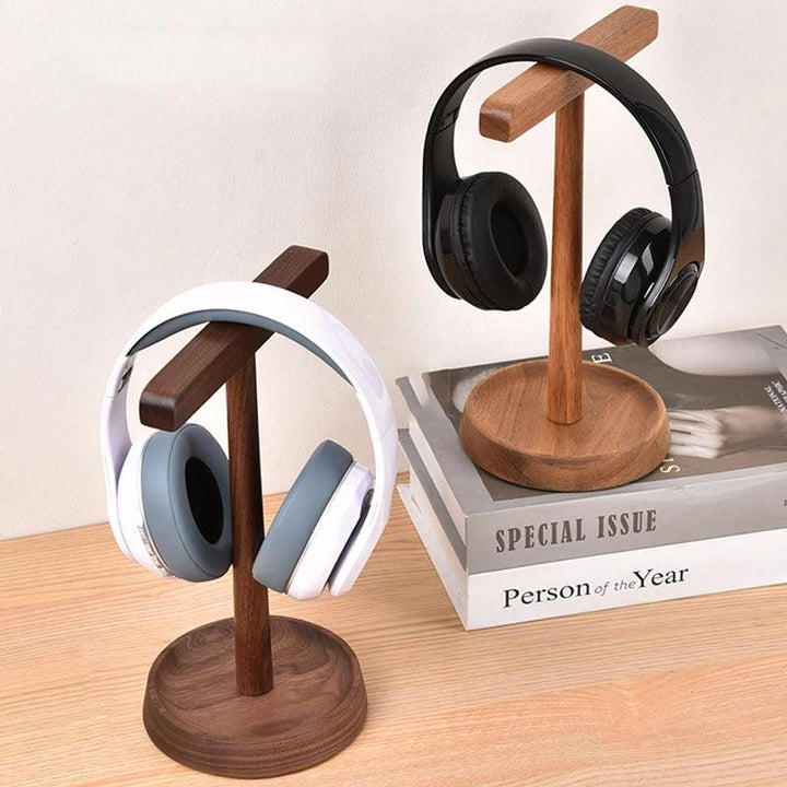 Lisslune | Elegant dual headphone stand made of black walnut and acacia wood with elegant storage base