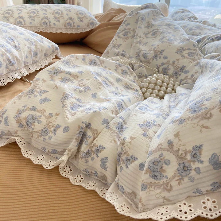 Lisslune | Ins Floral Bettwäsche Set Spitze Romantisch Für Frauen Mädchen Flach Spannbetttuch Mit Orange Kissenbezügen Weiches Gewaschenes Baumwolle Vollgröße