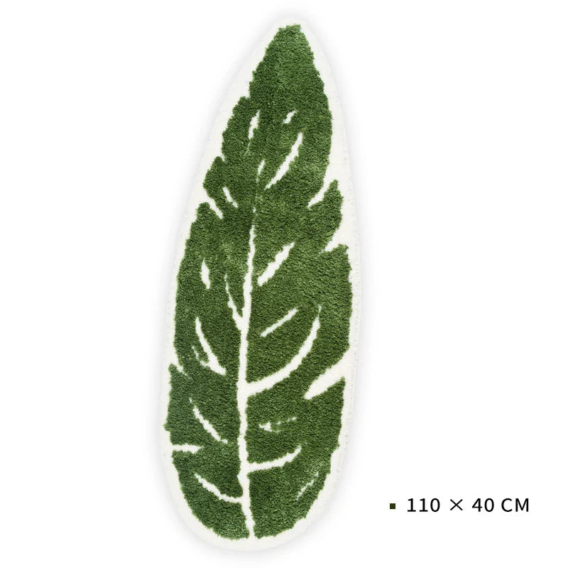 Rynx | Green Leaf Shape Palm Tree Tufted Carpet Soft Plush Rug Doormat Nightstand Rug Room Decoration Non-Slip Absorbent Bathroom Mat