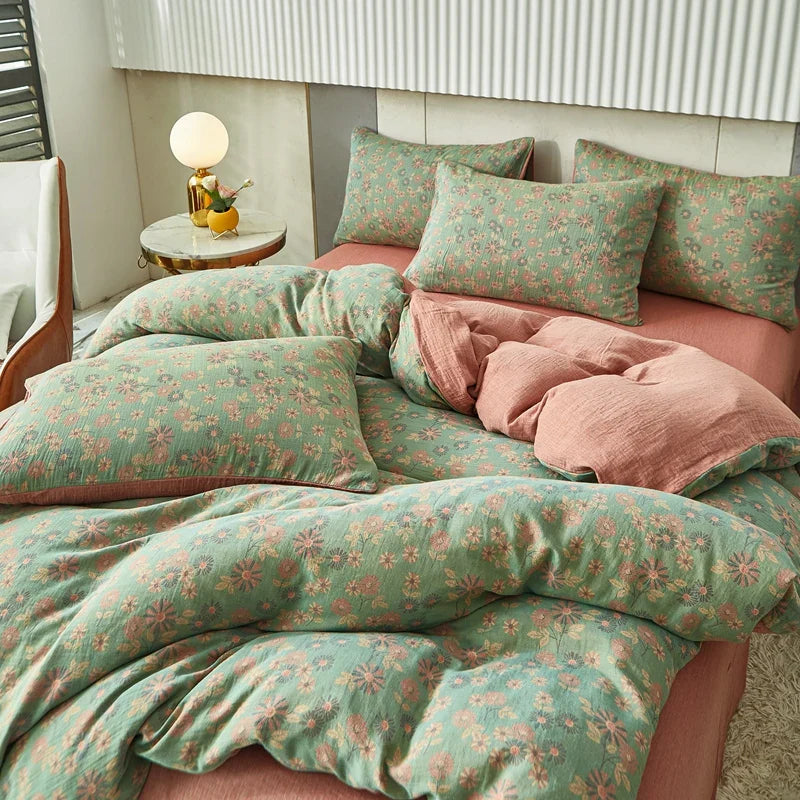 Rynx | Cotton Soft Bedding Set Striped Print Duvet Cover with Pillowcase Flower Duvet Pillowcases Sets