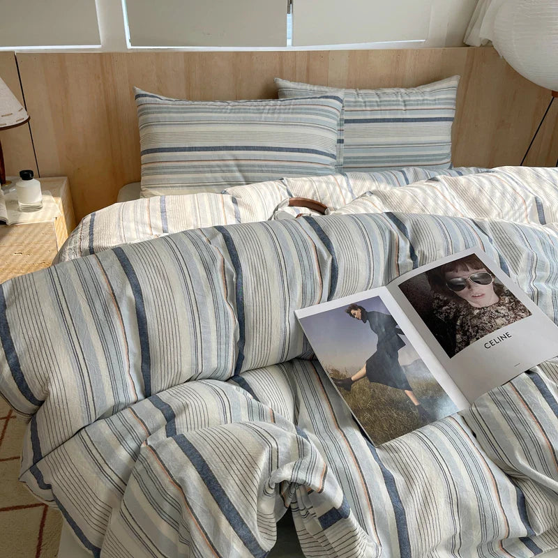 Rynx | 100% Cotton Soft Bedding Set Striped Print Duvet Cover with Pillowcase Bedding Bedspread Pillowcases Duvet Sets