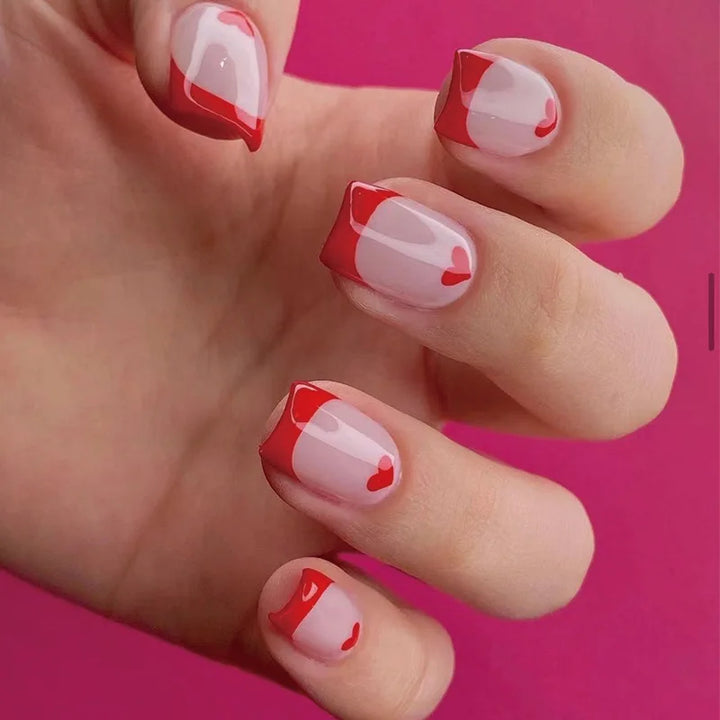 Rynx | Red Love Heart French Sweet Nail Art Nude Pink Artificial Nails Removable Finished Fingernails Valentine's Day Gift Press-on Nails With Glue
