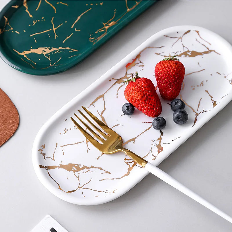 Lisslune | Nordic Ins Ceramic Marble Oval Tray Jewelry Storage Tray Accessories Soap Holder Golden Wave Bathroom Cup Bath Decoration