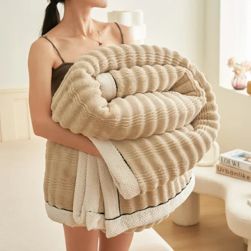 Rynx Artificial Rabbit Plush Autumn Winter Warm Blanket Striped Fluffy Warmth Sofa Blankets Soft Absorbent Breathable Nap Blanket