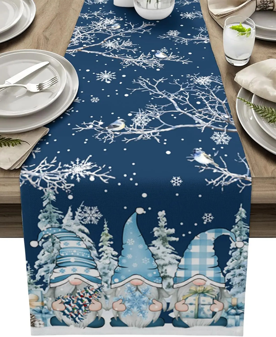 Lisslune | SnowGnome Christmas Table Runner – Luxe Linen Table Runner with Snowflake and Gnome Design