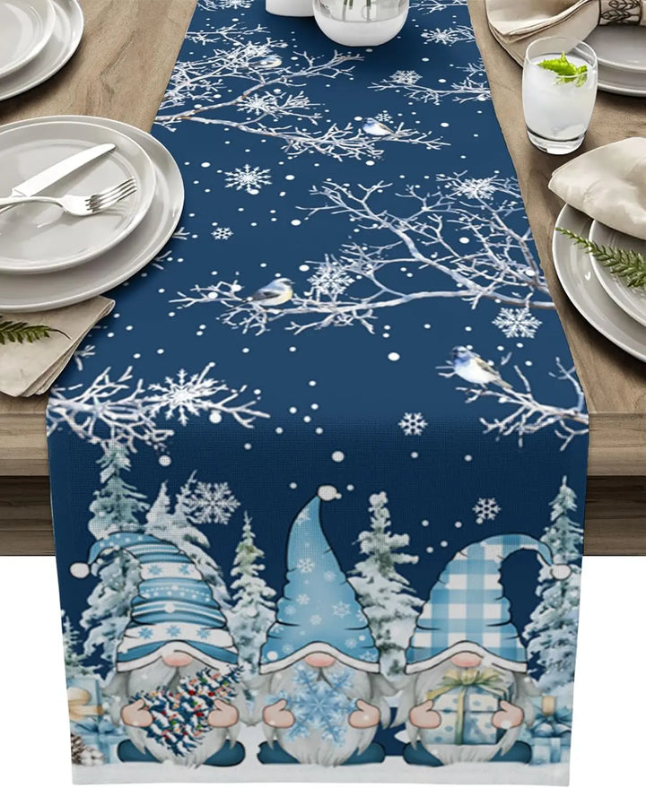 Lisslune | SnowGnome Christmas Table Runner – Luxe Linen Table Runner with Snowflake and Gnome Design