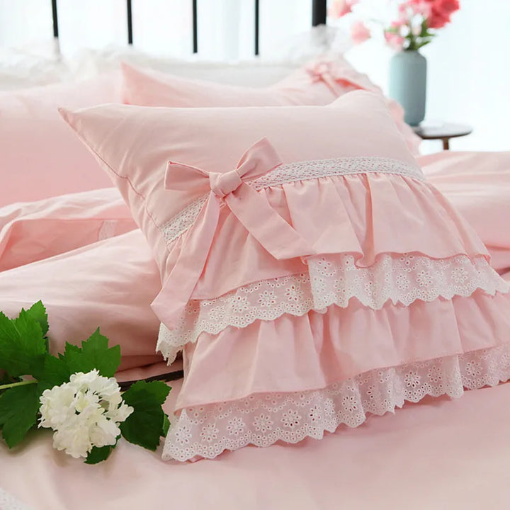 Rynx Pink European Embroidered Pillowcase Ruffle Lace Satin Cotton Pillowcase Handmade Elegant Bedding Pillowcase Sofa Cushion