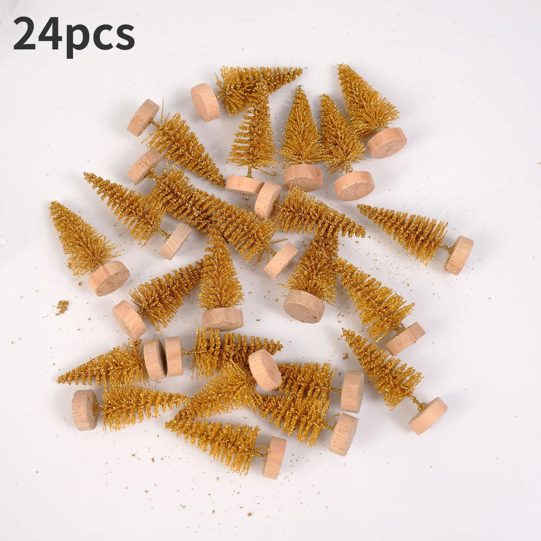 Rynx | 24 pieces, Mini Christmas sisal snow frost tree with wooden bottle brush - Perfect desktop tree for Christmas party and home decor
