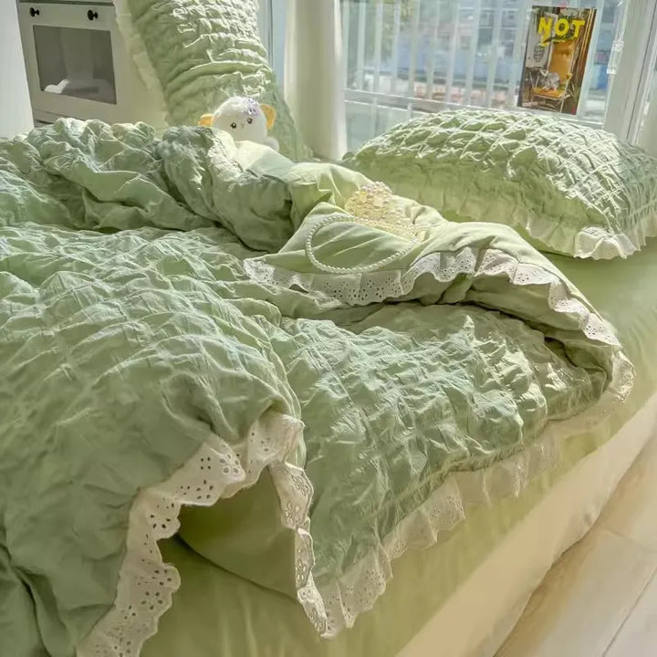 Rynx | Korean Seersucker Ruffle Bedding Set for Women Princess Style Bedroom Bedding Set Queen Washed Cotton Solid Color Bedding
