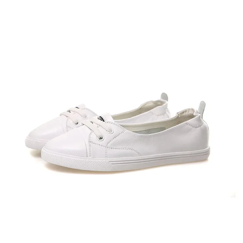 Lisslune | 100% Genuine Leather Shoes Women Flat Casual Shoes Soft Cowhide White Flats