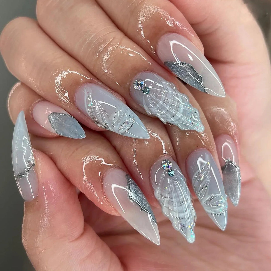Rynx | 3D Water Wave Brown French Almond Shape Artificial Nails Fashion Easy Removable Finished Stick-On Fingernails with Glue