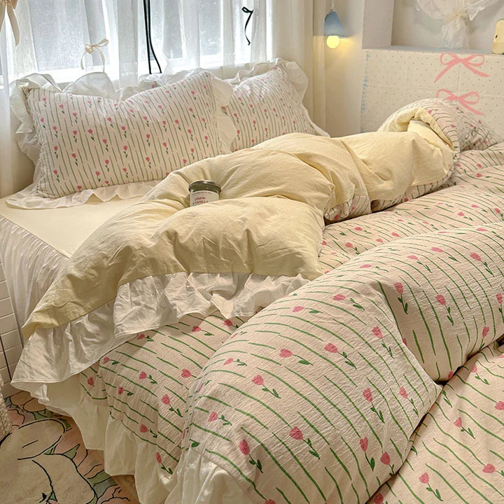 Rynx | Korean Style Flower Bedding Set 2024 New Washed Cotton 4-piece Bed Sheet Set Duvet Cover Set for Girls Bedding Decor Home