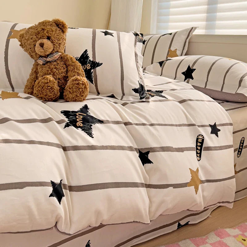 Rynx | Black Striped Duvet Cover Stars Printed Soft Pure Cotton Bedding for All Seasons Elegant Classic Stripe Pattern Duvet Covers
