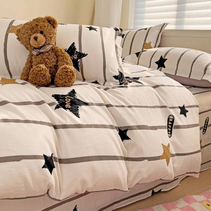 Rynx | Black Striped Duvet Cover Stars Printed Soft Pure Cotton Bedding for All Seasons Elegant Classic Stripe Pattern Duvet Covers