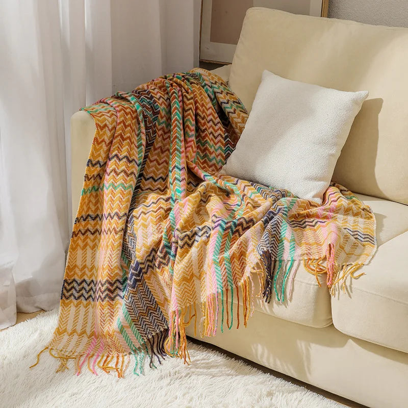 Rynx | Textile City Woven Throw Blanket in Ethnic Style Wave Fringe Casual Scarf Throw Blanket Room Decoration Acrylic Scarf 127x172cm