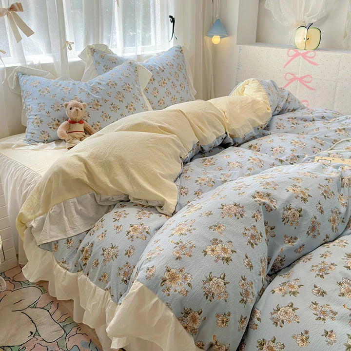 Rynx | Korean Style Flower Bedding Set 2024 New Washed Cotton 4-piece Bed Sheet Set Duvet Cover Set for Girls Bedding Decor Home