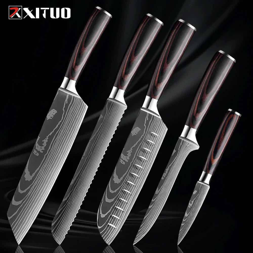 Skorter | XITUO Kitchen Knife Set - 1-9PCS 7Cr17Mov Stainless Steel Chef, Santoku & Fruit Knives with Ergonomic Pakkawood Handle