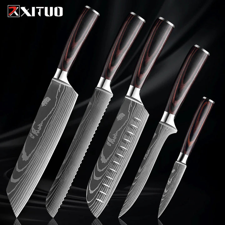 Skorter | XITUO Kitchen Knife Set - 1-9PCS 7Cr17Mov Stainless Steel Chef, Santoku & Fruit Knives with Ergonomic Pakkawood Handle