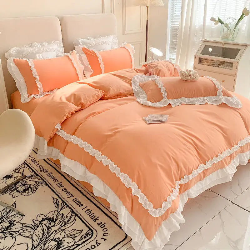 Rynx Elegant Lace Bedding Sets Luxury Bedding Princess Washed Cotton Ruffle Duvet Cover Bed Sheet and Pillowcases for Girls Luxury