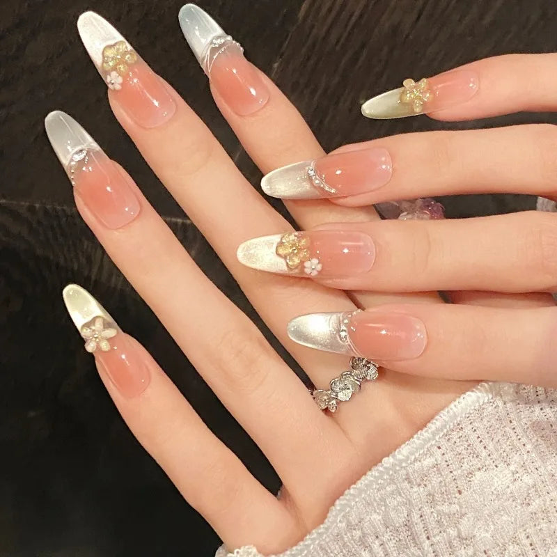 Rynx | 10 Piece Long Oval Handmade Press-On Nails Rainbow Cat Eye Effect with 3D Flower Designs Perfect for Women and Girls Daily Nail Use