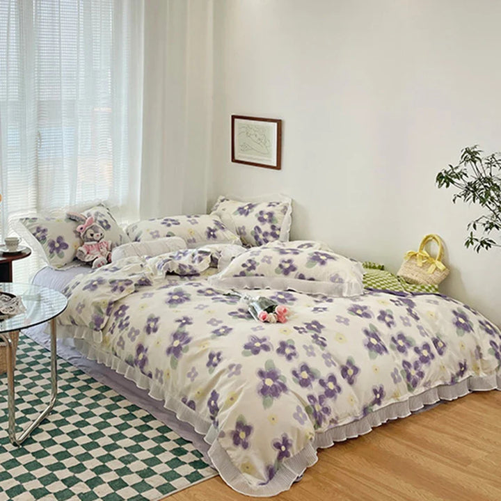 Rynx | Floral Style 100% Cotton Printed Soft Bed Linen Set Duvet Bedware Duvet Pillowcase Flat Sheet Comforter Set for Girls