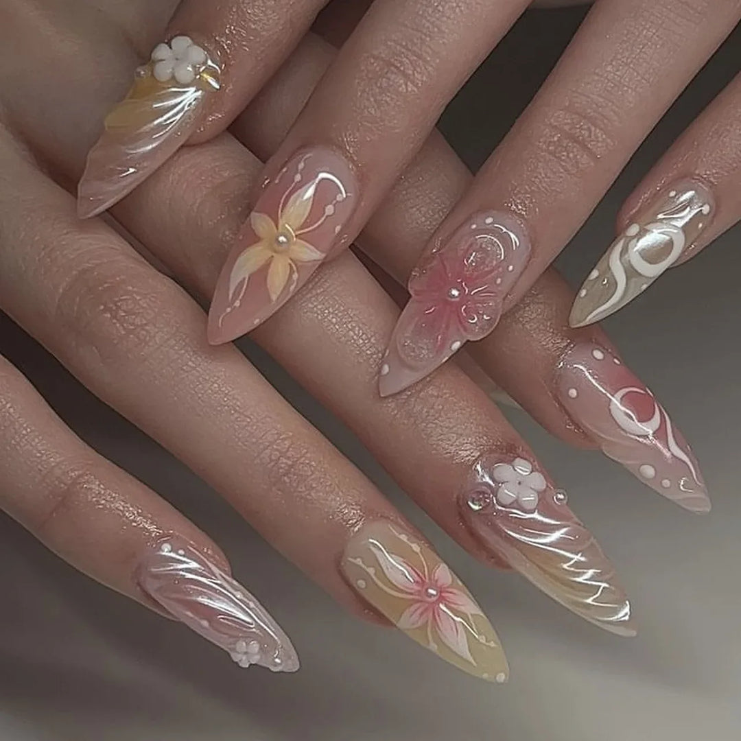 Rynx | Cute Small Flowers Nude Color Nail Art Simple Style Artificial Nails Removable Ready-made Artificial Nails To Stick On with Glue