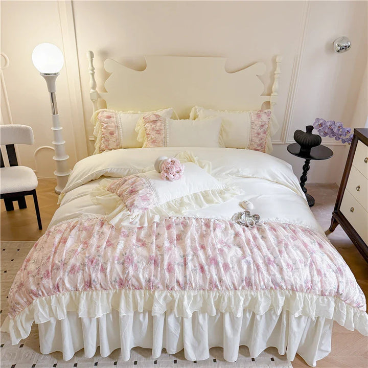 Rynx | Flower Lace Ruffle Princess Wedding Bedding Set Full Queen King Duvet Cover Bed Skirt/Bed Sheet/Fitted Sheet Pillowcases 4 Pieces