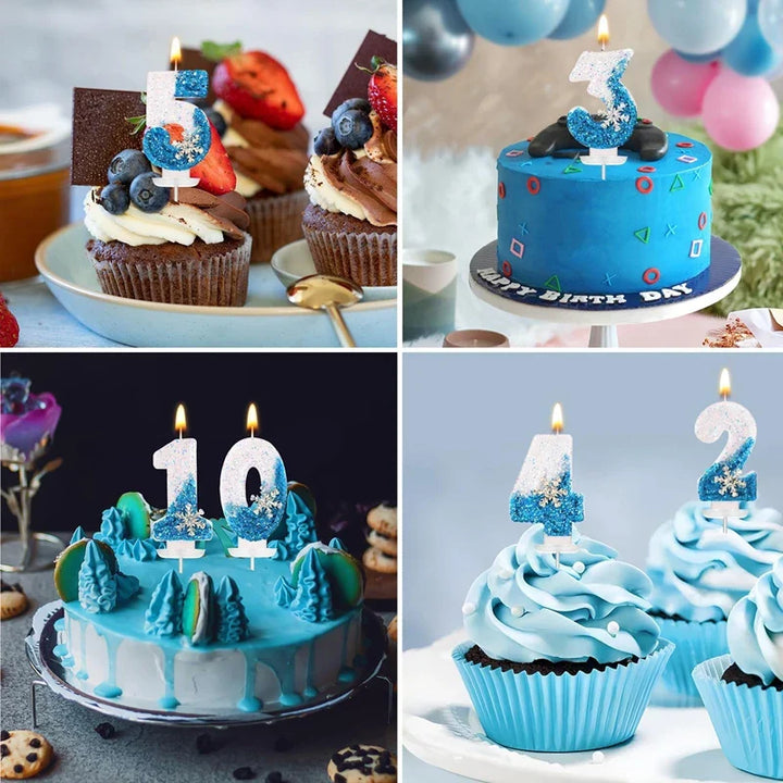 Rynx Frozen Birthday Candles 0-9 Number Glitter Blue Snowflake Cake Candle Kids Girls Birthday Party Cake Topper Decoration Accessories