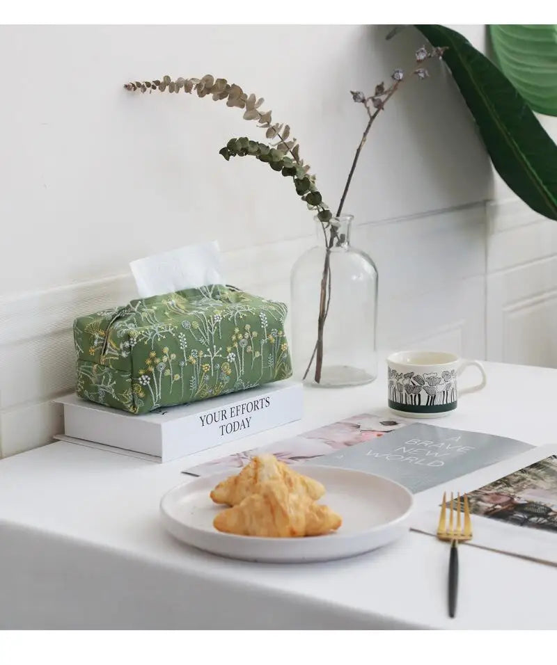 Rynx | Green Forest Plant Cotton Linen Fabric Embroidery Paper Box Napkin Paper Holder Tissue Box Bedroom Table Decoration Ornament Car Napkin