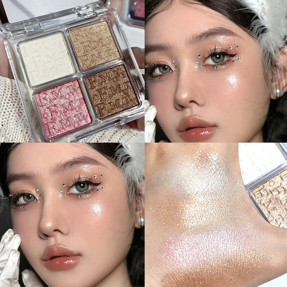 Rynx | 4 Colors Diamond Shimmer Highlighter Powder Palette Makeup Glow Face Contour Palette Illuminator Highlight Eyeshadow Cosmetics