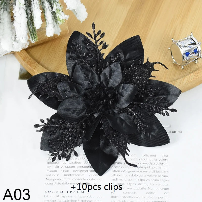 Rynx 5.7 inch artificial blue and black Christmas glitter flowers with clips 5/10 pieces Xmas tree flower ornaments Noel New Year decoration