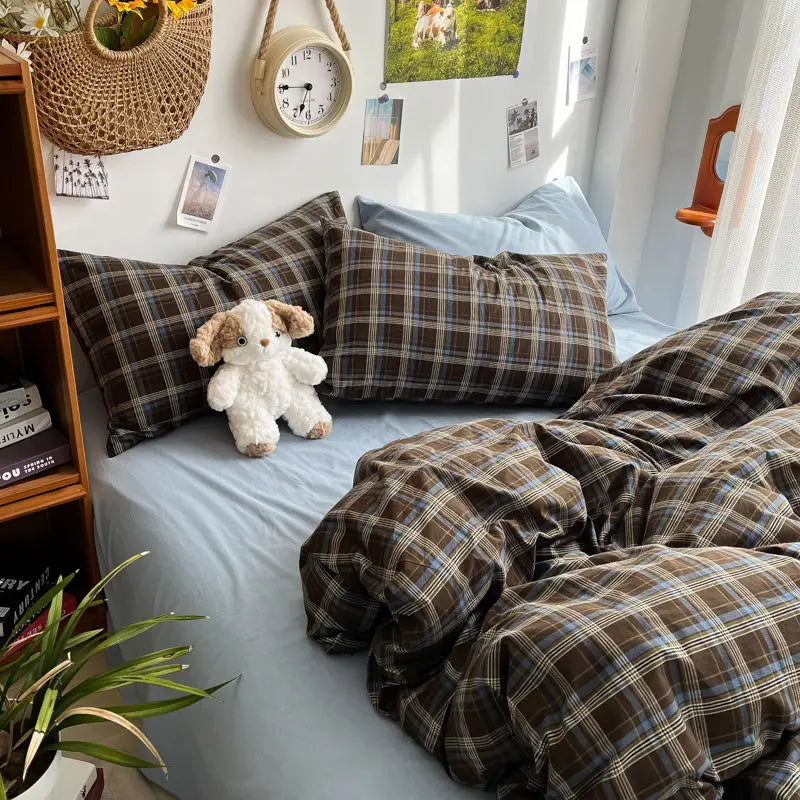 Rynx | Bedding Set Ins Ambiance Blue Coffee Grid Mixed With Washed Cotton Minimalist Four-Piece Set Fitted Sheet Duvet Cover