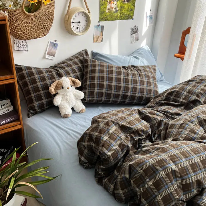 Rynx | Bedding Set Ins Ambiance Blue Coffee Grid Mixed With Washed Cotton Minimalist Four-Piece Set Fitted Sheet Duvet Cover