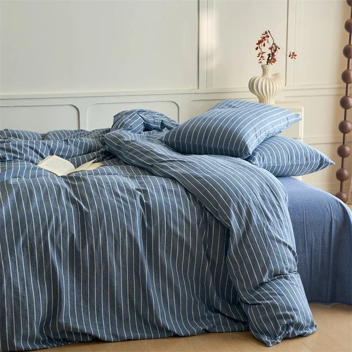 Lisslune | Luxus 100% Baumwolle Streifen 3-teiliges Bettbezug-Set (1 Bettbezug + 2 Kissenbezüge), Garngefärbt, Weiches Bettwäsche-Set, Mehrere Größen