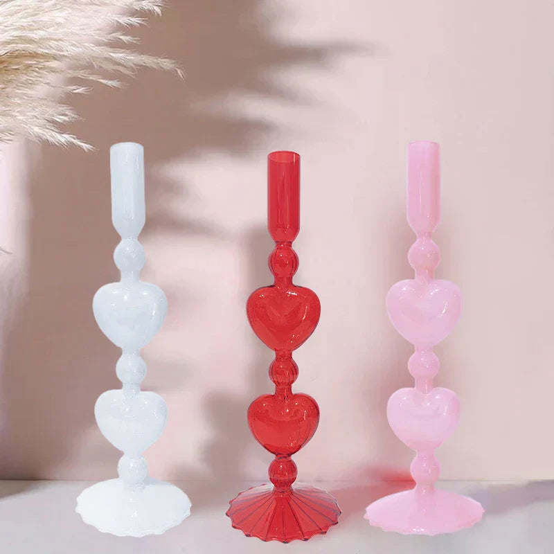 Lisslune | Retro Taper Candle Holder Red Heart Shape Glass Candle Holder Wedding Table Decoration Home Party Glass Vase Decor
