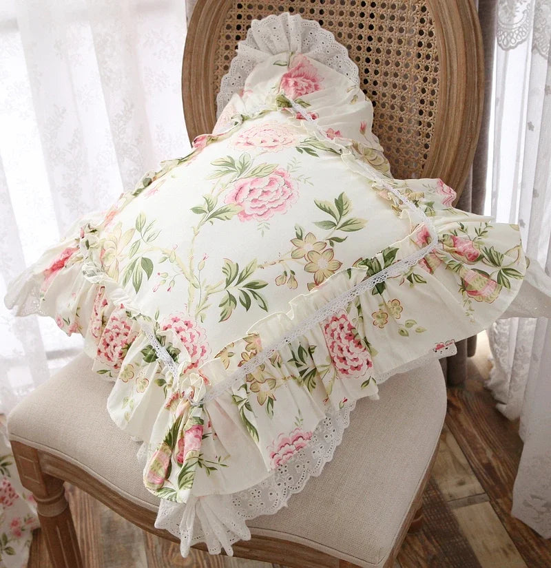 Rynx Elegant Ruffle Lace Decorative Pillowcase European Embroidery Bed Pillowcase Princess Pink Print Pillowcase Sofa Cushion