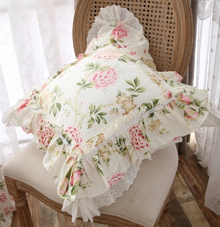 Rynx Elegant Ruffle Lace Decorative Pillowcase European Embroidery Bed Pillowcase Princess Pink Print Pillowcase Sofa Cushion