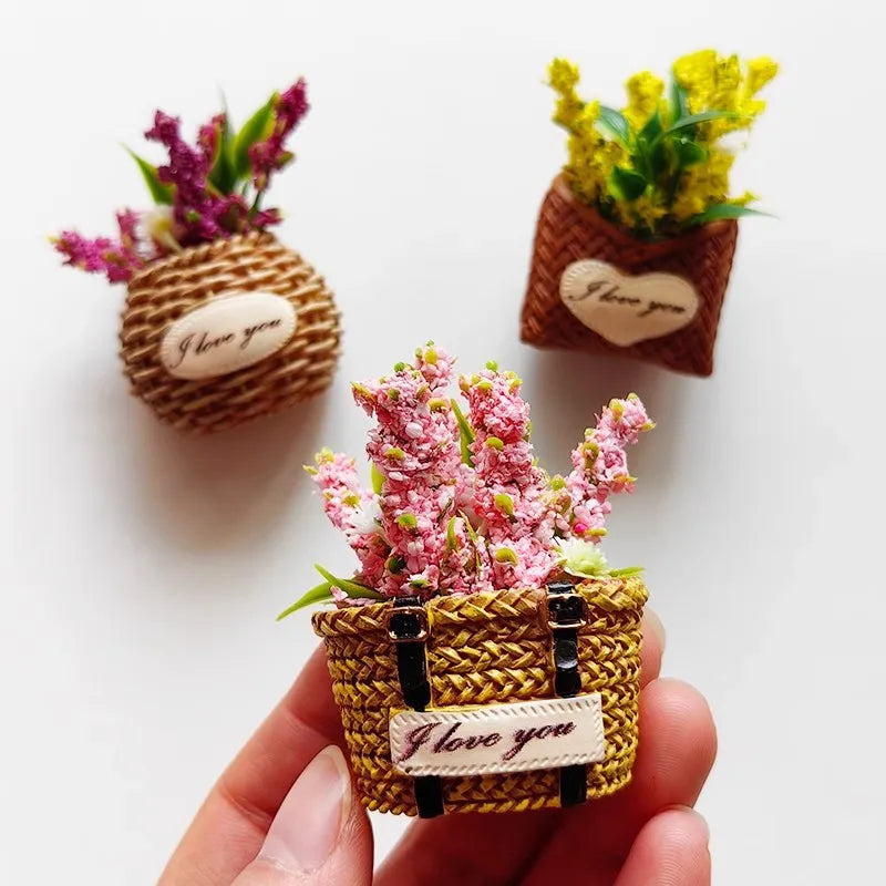 Rynx | Buy 5, get 1 flower basket refrigerator magnets immortal flowers decorated basket for refrigerator magnetic stickers fabrics flowers home