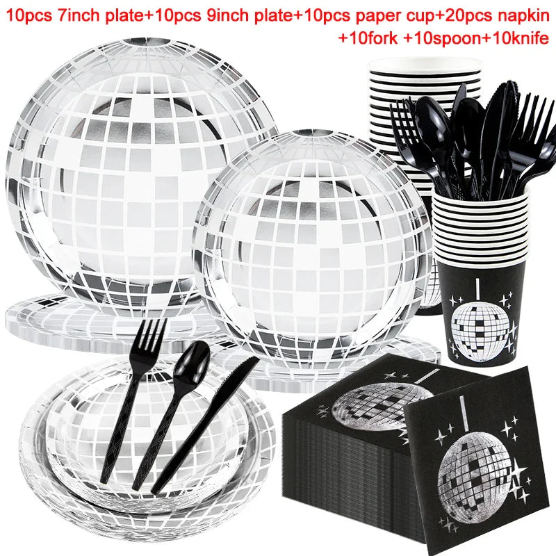 Rynx Disco Theme Party Disposable Tableware Set Silver Disco Ball Plates Napkins Cups 70s Birthday Party Decoration Wedding Supplies