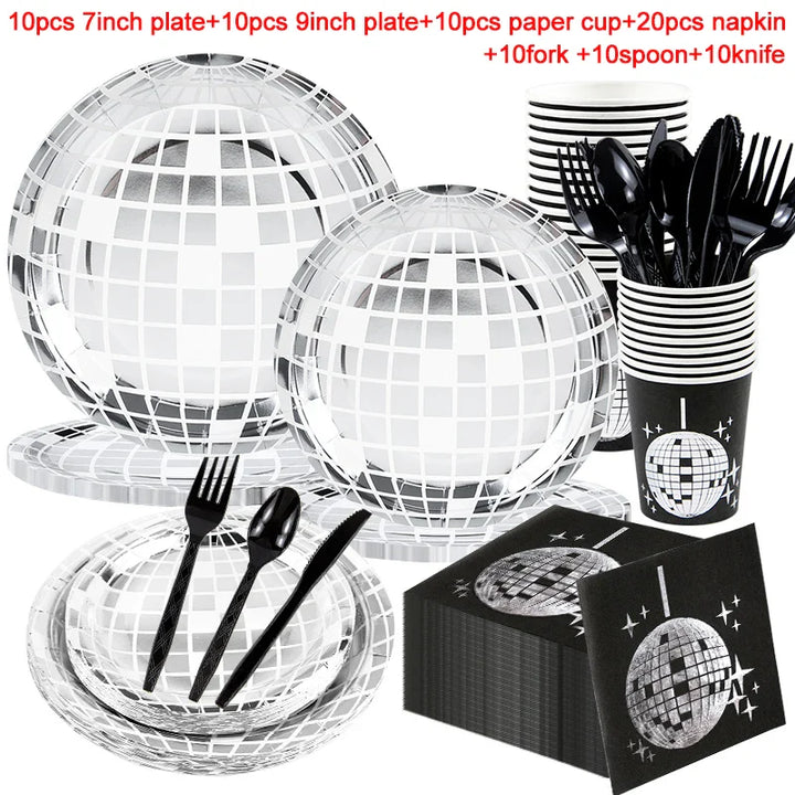 Rynx Disco Theme Party Disposable Tableware Set Silver Disco Ball Plates Napkins Cups 70s Birthday Party Decoration Wedding Supplies